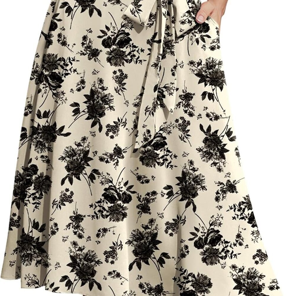 Women's A-Line Midi Skirt with Pockets High Waist Flared Below The Knee Skirts